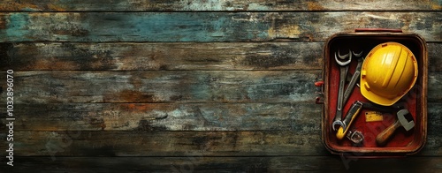 A yellow hard hat and tools sit in a toolbox on a rustic wooden background. photo