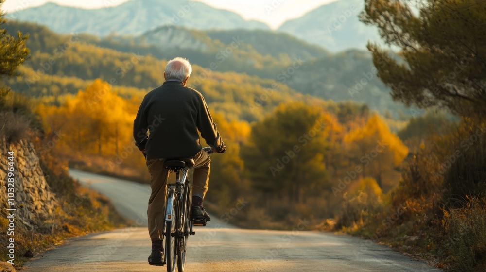 Elderly man cycling along a scenic route, promoting mobility and adventure. Active senior Elderly man cycling along a scenic route, promoting mobility and adventure. Active senior