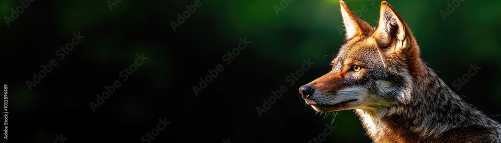 Fototapeta premium Coyote with a sharp gaze, set against a blurred green background.