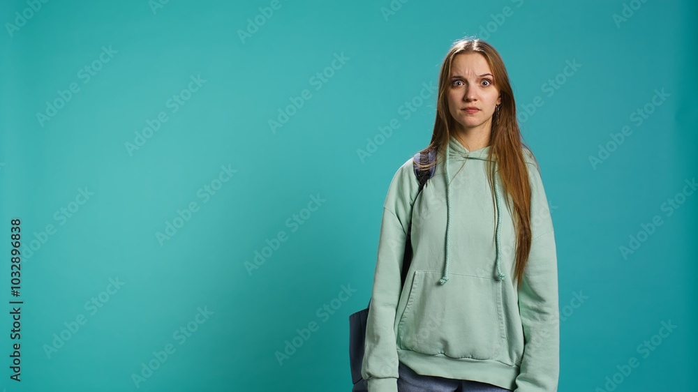 Young actress goofing around, switching emotions, trying different facial expressions, practicing for theatre class, studio background. Teenage woman making silly faces, camera B Young actress goofing around, switching emotions, trying different facial expressions, practicing for theatre class, studio background. Teenage woman making silly faces, camera B