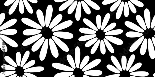 Groovy floral seamless pattern, spring flower background, funky daisy print, cute summer chamomile black and white textile. Abstract simple monochrome wallpaper. Vector illustration