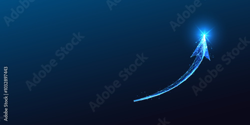 Abstract polygonal glowing arrow pointing upward on dark blue background. Growth, progress, success