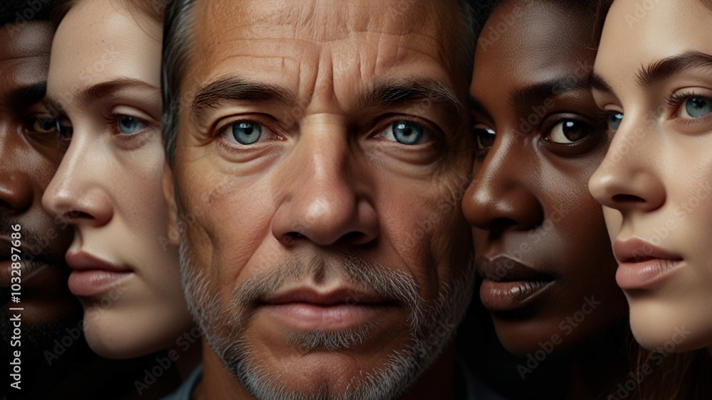 Human face made from different portrait of men and women of diverse age and race. Combination of faces. Humanity. Concept of social equality, human rights, freedom, diversity, acceptance Human face made from different portrait of men and women of diverse age and race. Combination of faces. Humanity. Concept of social equality, human rights, freedom, diversity, acceptance