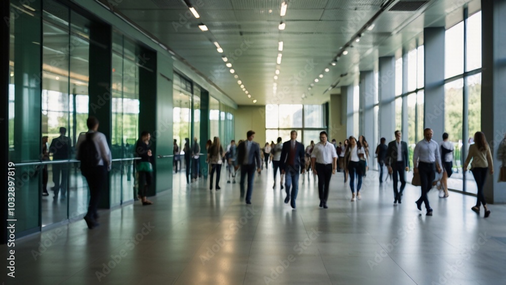 blurred background of walking people in modern green business building blurred background of walking people in modern green business building
