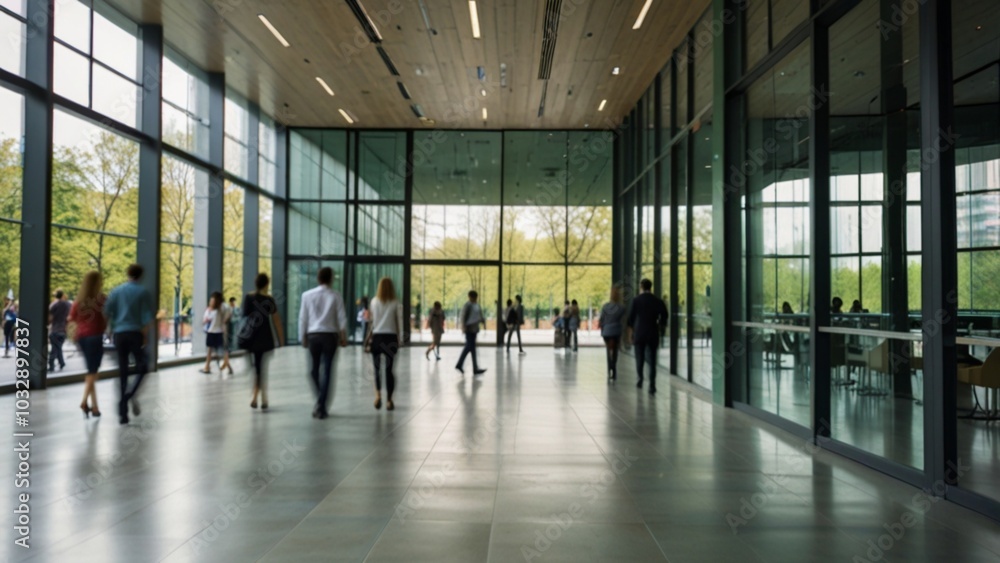 blurred background of walking people in modern green business building blurred background of walking people in modern green business building