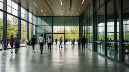 blurred background of walking people in modern green business building