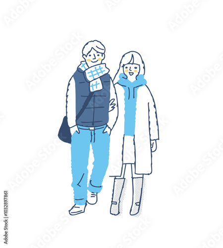 並んで歩いている冬服の若いカップル