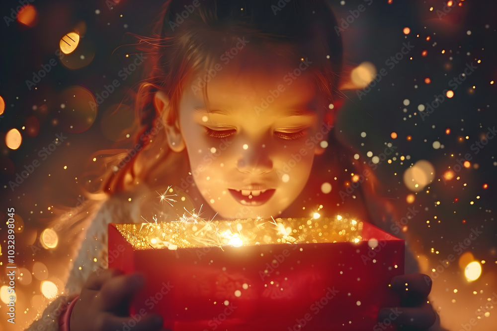 Child girl opening present box with golden light and sparkles. christmas anniversary day gift. High quality photo Child girl opening present box with golden light and sparkles. christmas anniversary day gift. High quality photo
