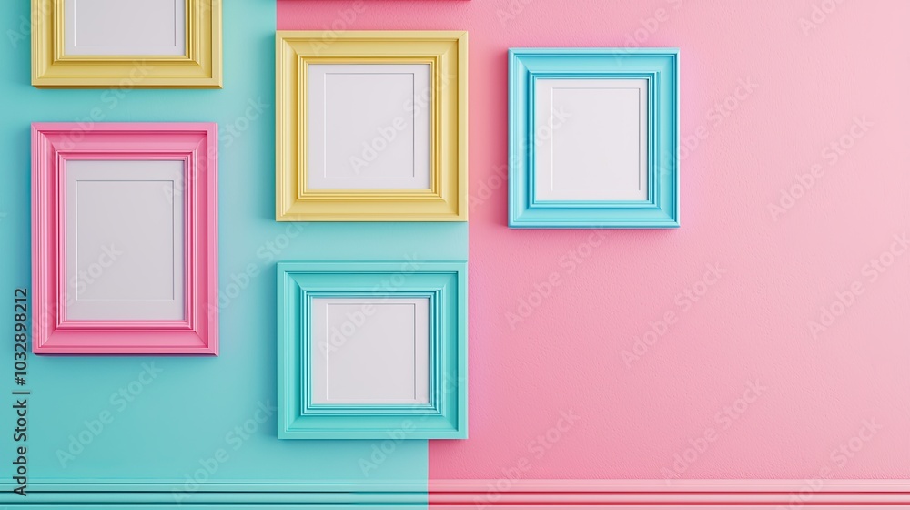 Colorful, empty picture frames are arranged on a split pastel wall, showcasing a vibrant and playful decor style. Colorful, empty picture frames are arranged on a split pastel wall, showcasing a vibrant and playful decor style.