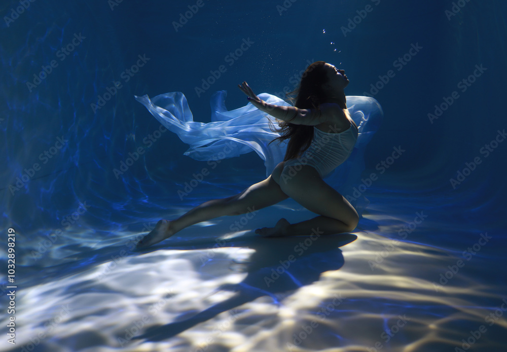 custom made wallpaper toronto digitalYoung sporty woman in white bikini holding blue cloth underwater in the pool