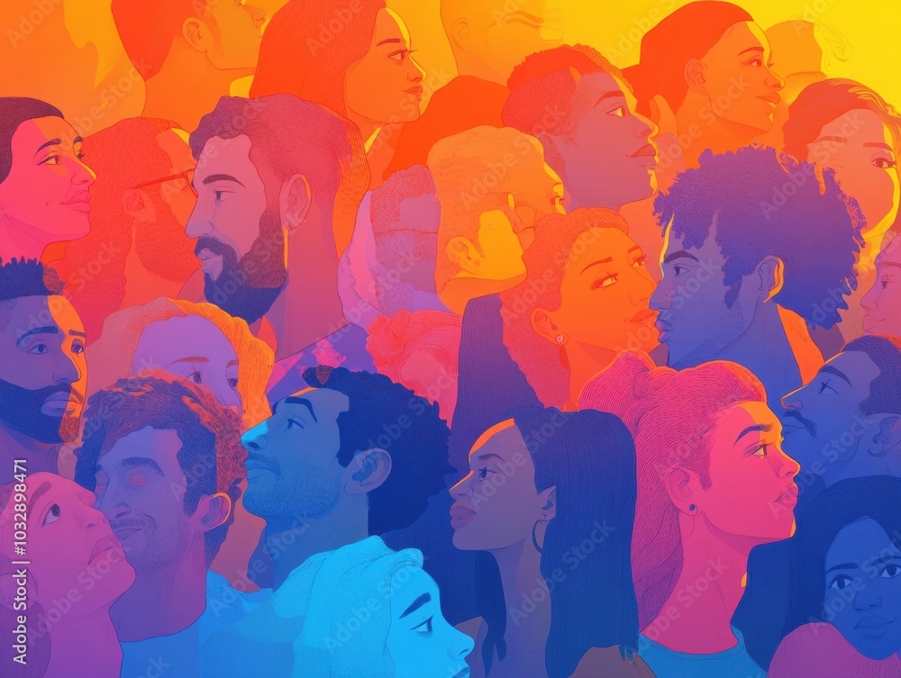 A diverse crowd of people in an illustration, showcasing the diversity and organic nature of human connection The background is a soft gradient from warm oranges to cool blues Generative AI A diverse crowd of people in an illustration, showcasing the diversity and organic nature of human connection The background is a soft gradient from warm oranges to cool blues Generative AI
