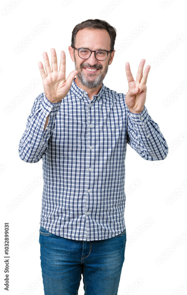 Naklejka premium Handsome middle age elegant senior business man wearing glasses over isolated background showing and pointing up with fingers number eight while smiling confident and happy.