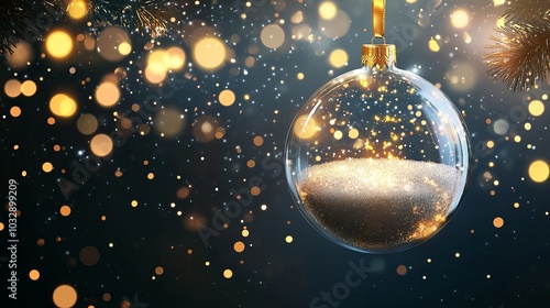 Yuletide decorations ball of glass filled with snow. Yuletide décor translucent, empty ball suspended from a golden ribbon with bokeh lights and gold glitter confetti. 