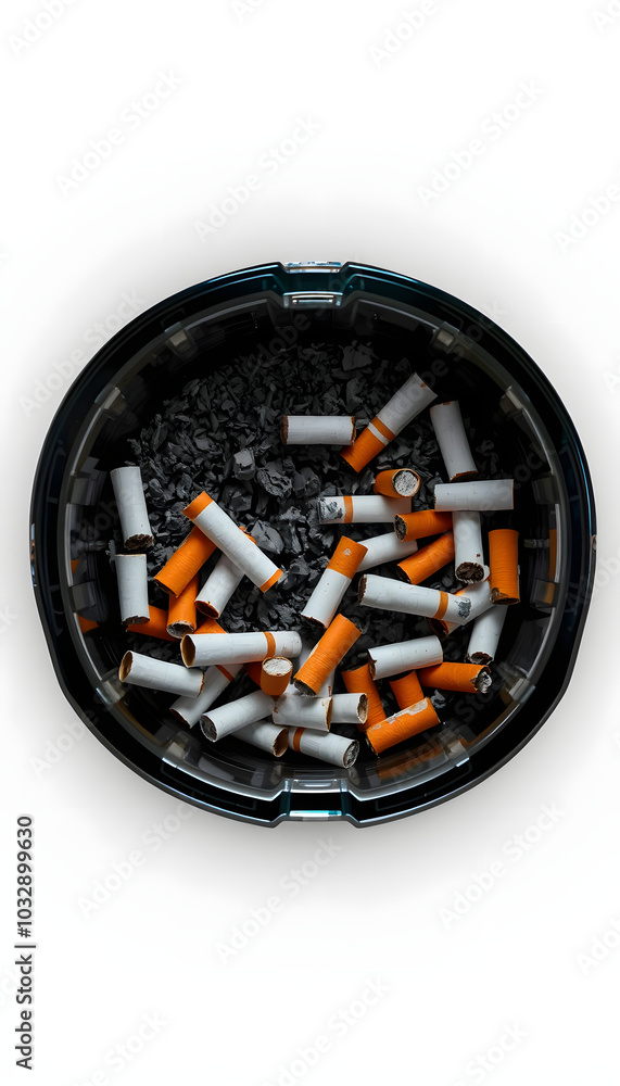 Ashtray with many cigarette butts on a dark background. The concept of a bad habit of smoking. Place for text isolated with white highlights, png Ashtray with many cigarette butts on a dark background. The concept of a bad habit of smoking. Place for text isolated with white highlights, png