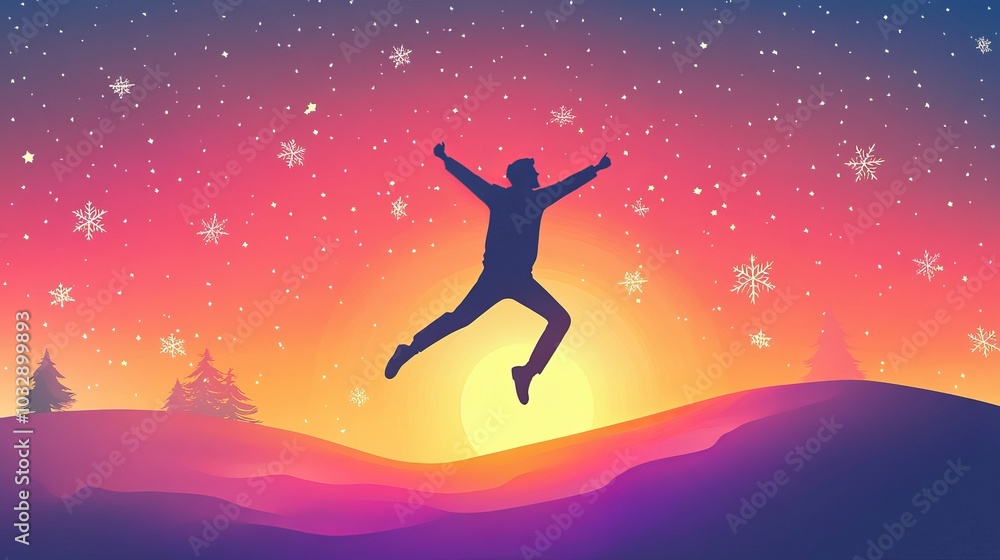 Greetings and Happy Christmas of 2025. A young man leaps from 2024 to 2025 years old over the sun and through the opening in the evening's vibrant sky with a hill silhouette. Greetings and Happy Christmas of 2025. A young man leaps from 2024 to 2025 years old over the sun and through the opening in the evening's vibrant sky with a hill silhouette.