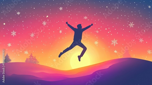 Greetings and Happy Christmas of 2025. A young man leaps from 2024 to 2025 years old over the sun and through the opening in the evening's vibrant sky with a hill silhouette. 