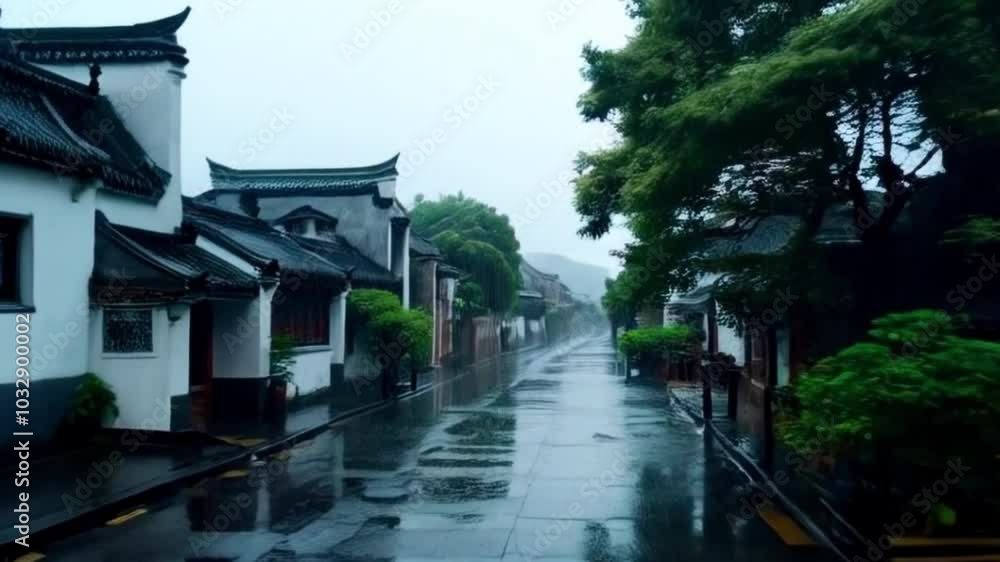 Serene video trailer of a rain-soaked street with traditional buildings and lush greenery using cinematic slow camera movements. Serene video trailer of a rain-soaked street with traditional buildings and lush greenery using cinematic slow camera movements.