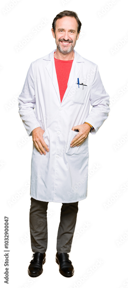 Middle age therapist wearing white coat with a happy and cool smile on face. Lucky person. Middle age therapist wearing white coat with a happy and cool smile on face. Lucky person.