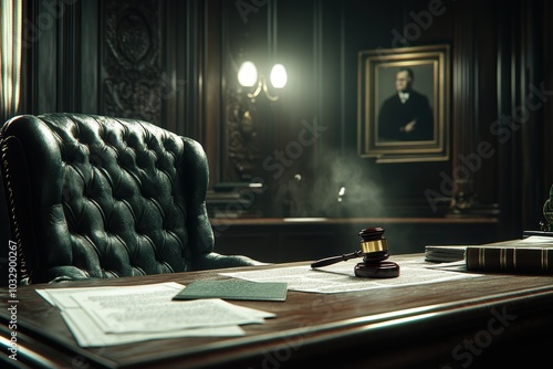 Gavel laying on desk in law office with judge's portrait in background