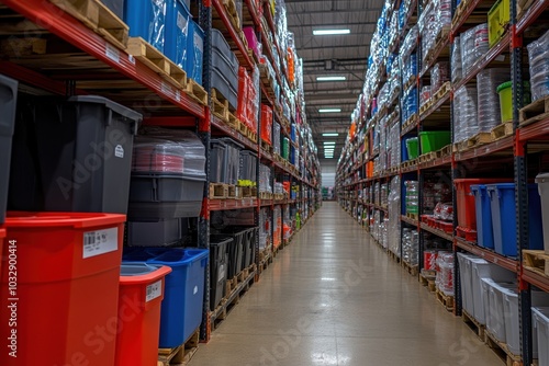 Warehouse showing rows of storage bins containing products for retail sale