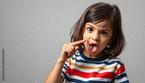 Portrait of weird little girl wearing striped T-shirt holding finger in her nose showing tongue, uncultured bored girl having fun, bad manners. Indoor studio shot isolated on gray background isolate