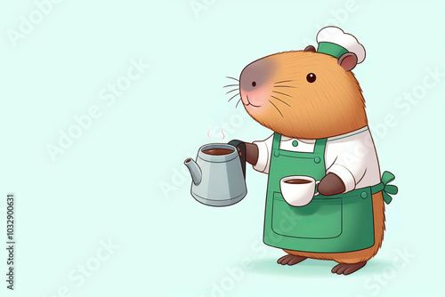 capybara in coffee shop staff apron at coffee bar, light azure photo