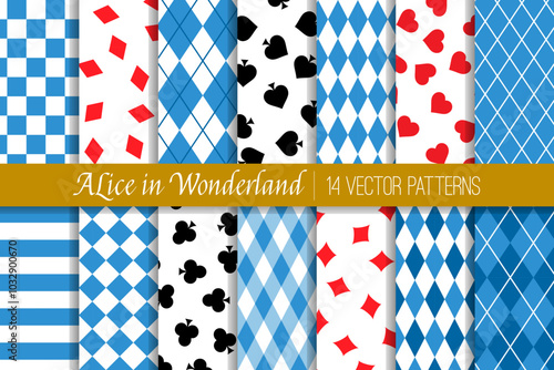 Alice in Wonderland Vector Patterns in Blue Argyle, Harlequin, Checks and Stripes and Red and Black Playing Cards Symbols of Spades, Clubs, Diamonds and Hearts. Repeating Pattern Tile Swatches Incl.