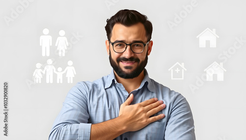 Man with protective gesture and family, life, health and house insurance icons. Family life insurance and policy concepts. Insurance concept isolated with white highlights, png photo