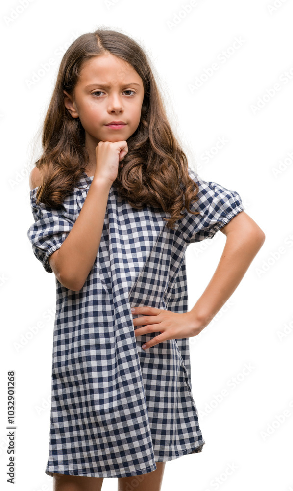 Brunette hispanic girl wearing black and white dress serious face thinking about question, very confused idea Brunette hispanic girl wearing black and white dress serious face thinking about question, very confused idea