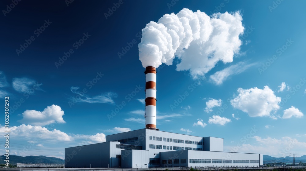 Industrial Landscape with Smoke Emission and Blue Sky