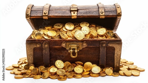 Illustration for a treasure chest overflowing with gold coins isolated on white background