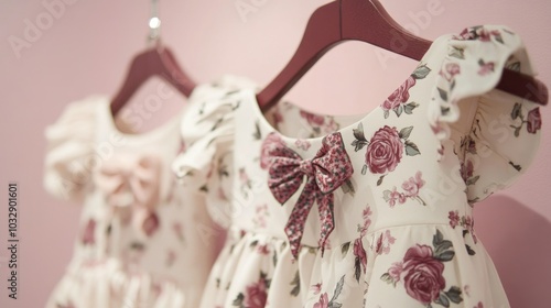 Charming floral dresses displayed on wooden hangers in a soft pink room reflecting simple elegance of girlhood design