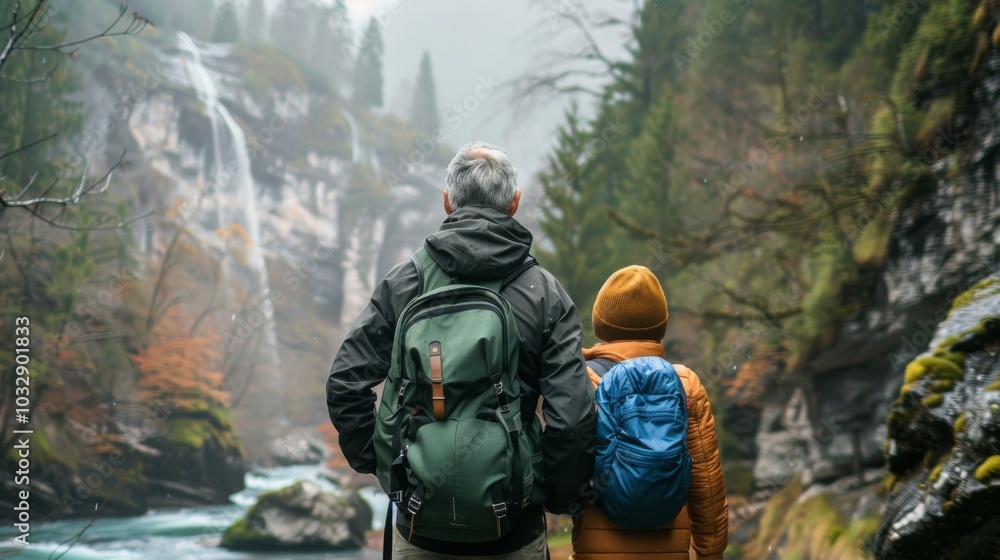 A father and his young son enjoy the view of a waterfall during a hike through lush forest scenery. A father and his young son enjoy the view of a waterfall during a hike through lush forest scenery.