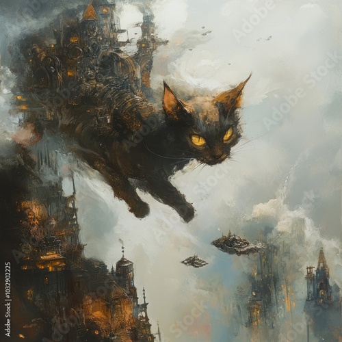 A giant black cat with glowing yellow eyes flies over a steampunk city in the clouds. photo