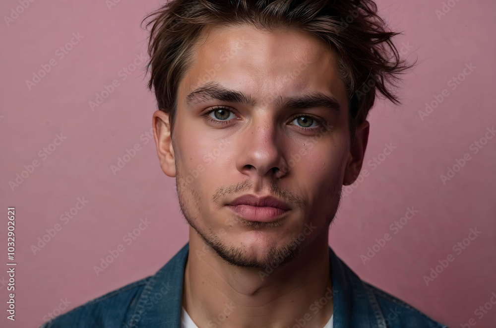 Serious young man with green eyes and brown hair is posing on a pink background Serious young man with green eyes and brown hair is posing on a pink background