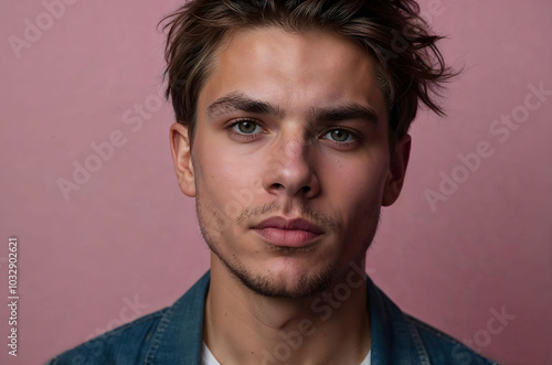 Serious young man with green eyes and brown hair is posing on a pink background