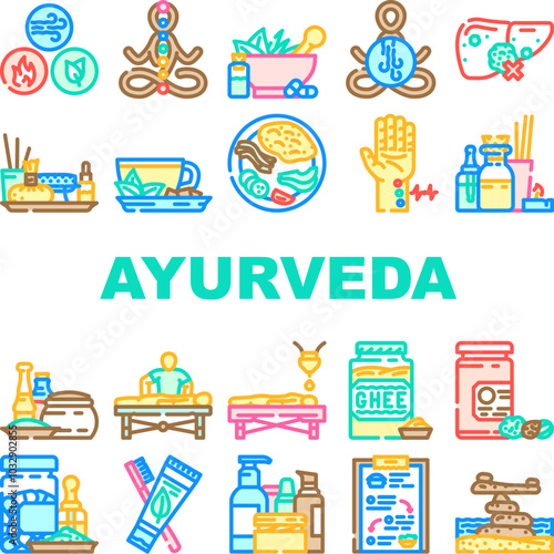 ayurveda wellness balance dosha icons set vector. vata pitta, kapha prana, chakra meditation, yoga herbs, detox, holistic ayurveda wellness balance dosha color line illustrations