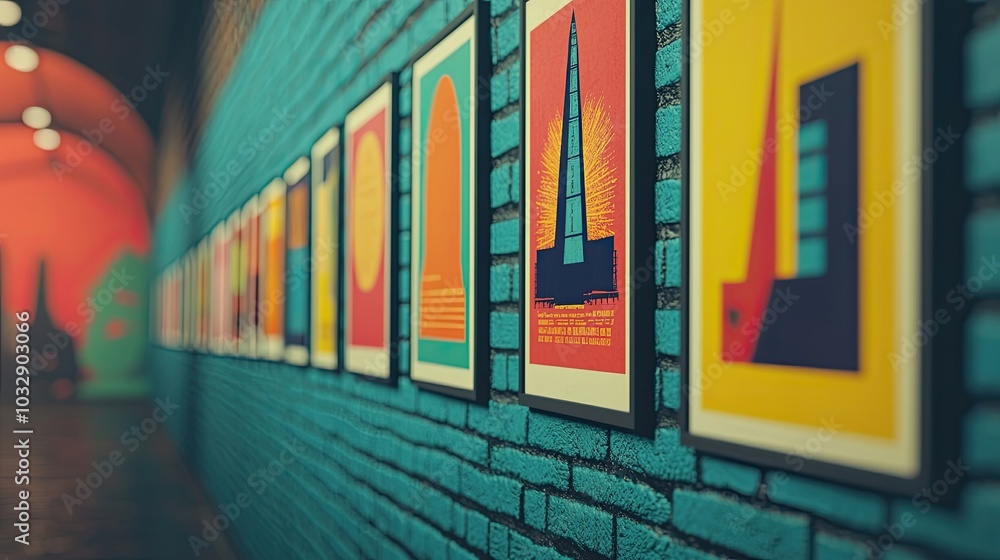 A vibrant hallway featuring a series of colorful framed artwork on a textured blue wall, illuminated by soft lighting. A vibrant hallway featuring a series of colorful framed artwork on a textured blue wall, illuminated by soft lighting.