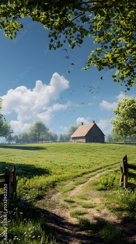 44. A rustic 3D triangle farm scene with green fields and a bright blue sky 44. A rustic 3D triangle farm scene with green fields and a bright blue sky