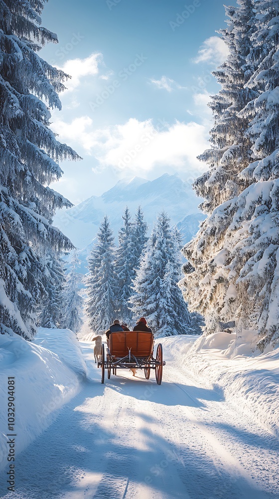 Snow-Covered Majestic Winter Mountains Highlighting Horse-Drawn Sleigh Ride picture Snow-Covered Majestic Winter Mountains Highlighting Horse-Drawn Sleigh Ride picture