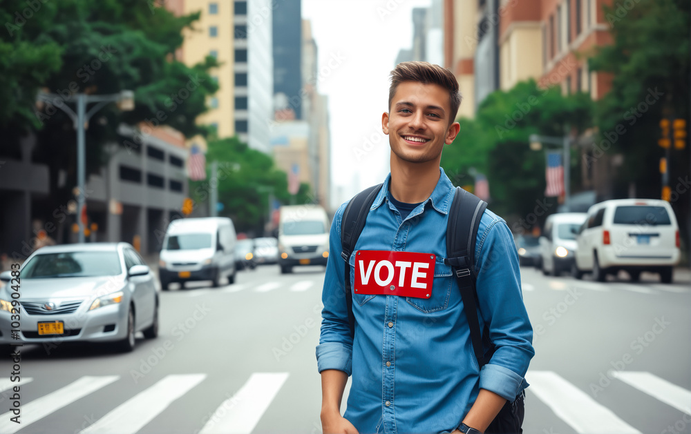 Young man wearing denim shirt with vote button smiling in new york city traffic Young man wearing denim shirt with vote button smiling in new york city traffic