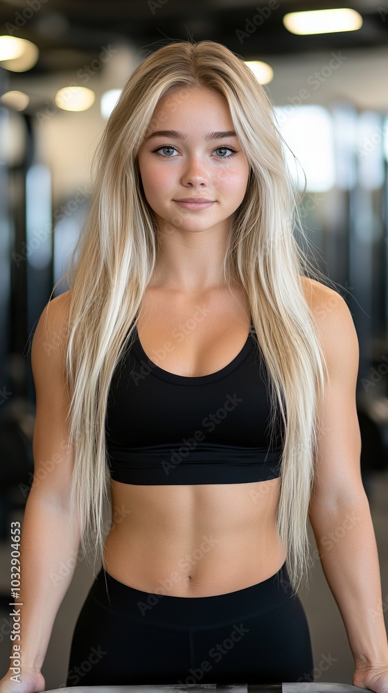 Young blonde woman in a black sports bra, looking confidently at the camera, in a gym. Young blonde woman in a black sports bra, looking confidently at the camera, in a gym.