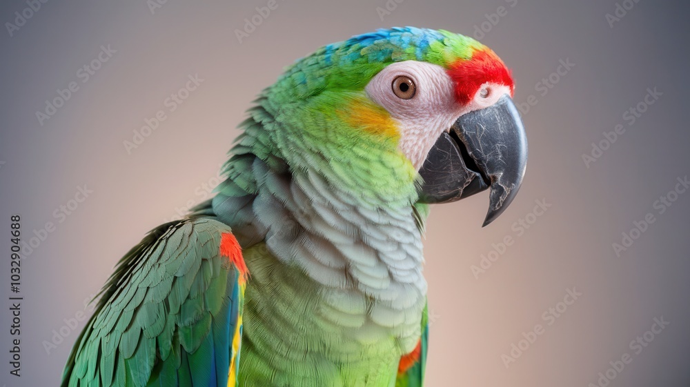 Obraz premium Green parrot with blue wings and red crest, facing the camera with a black beak.