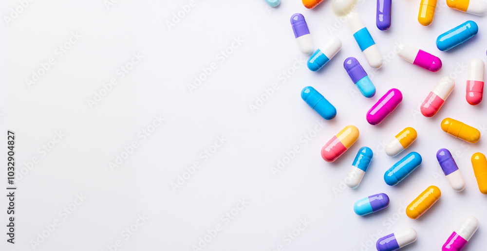 Multicolored capsules and pills on white background. Banner template of biological supplements, vitamin and medicines or health, beauty of skin and hair. Frame for backdrop, wallpaper copyspace. Multicolored capsules and pills on white background. Banner template of biological supplements, vitamin and medicines or health, beauty of skin and hair. Frame for backdrop, wallpaper copyspace.