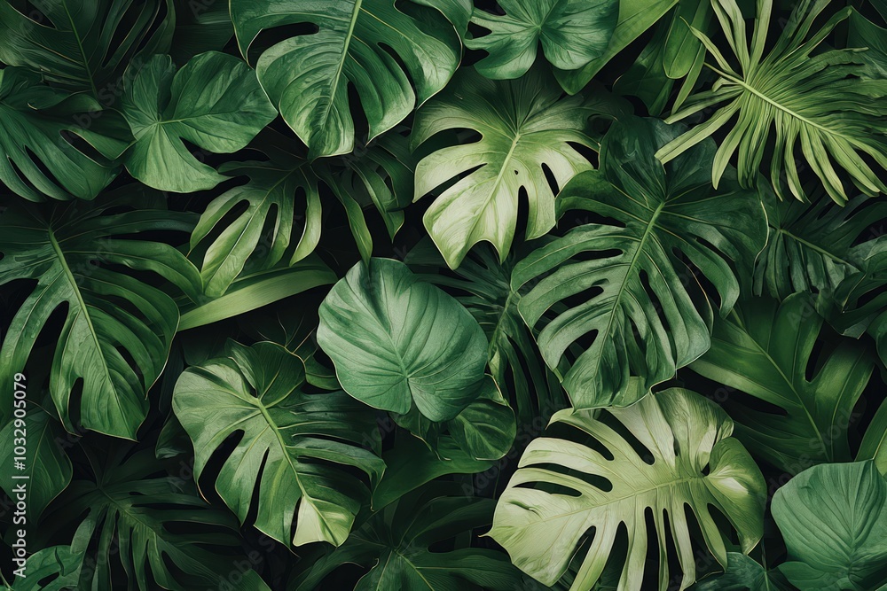 Tropical foliage pattern with lush green leaves, jungle-inspired wallpaper Tropical foliage pattern with lush green leaves, jungle-inspired wallpaper