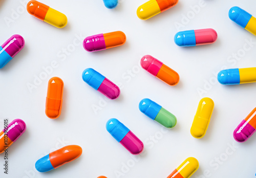 Multicolored transparent capsules on a white background. Design of biological supplements, vitamins and medicines for health, beauty of skin and hair. Close-up for wallpaper, print, backdrop