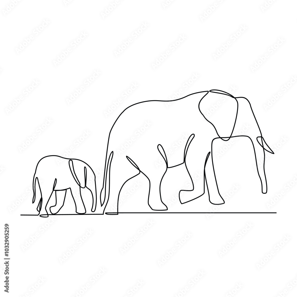 Fototapeta premium One continuous line drawing of people with elephant with their young vector illustration. Animal theme design in simple linear style vector concept. Animal design for educational presentation purpose.