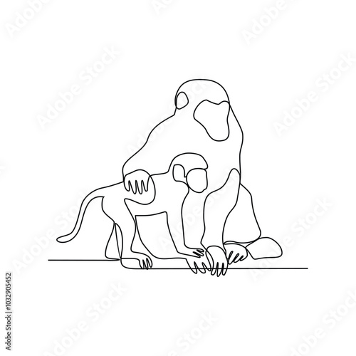 Photography One continuous line drawing of people with monkey with their young vector illustration
