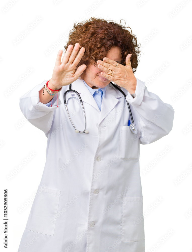 Middle ager senior doctor woman over isolated background covering eyes with hands and doing stop gesture with sad and fear expression. Embarrassed and negative concept. Middle ager senior doctor woman over isolated background covering eyes with hands and doing stop gesture with sad and fear expression. Embarrassed and negative concept.