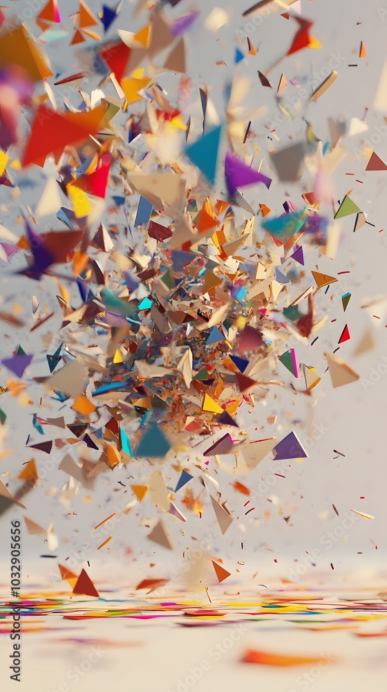 69. A chaotic 3D triangle explosion, with colorful shards flying in all directions 69. A chaotic 3D triangle explosion, with colorful shards flying in all directions